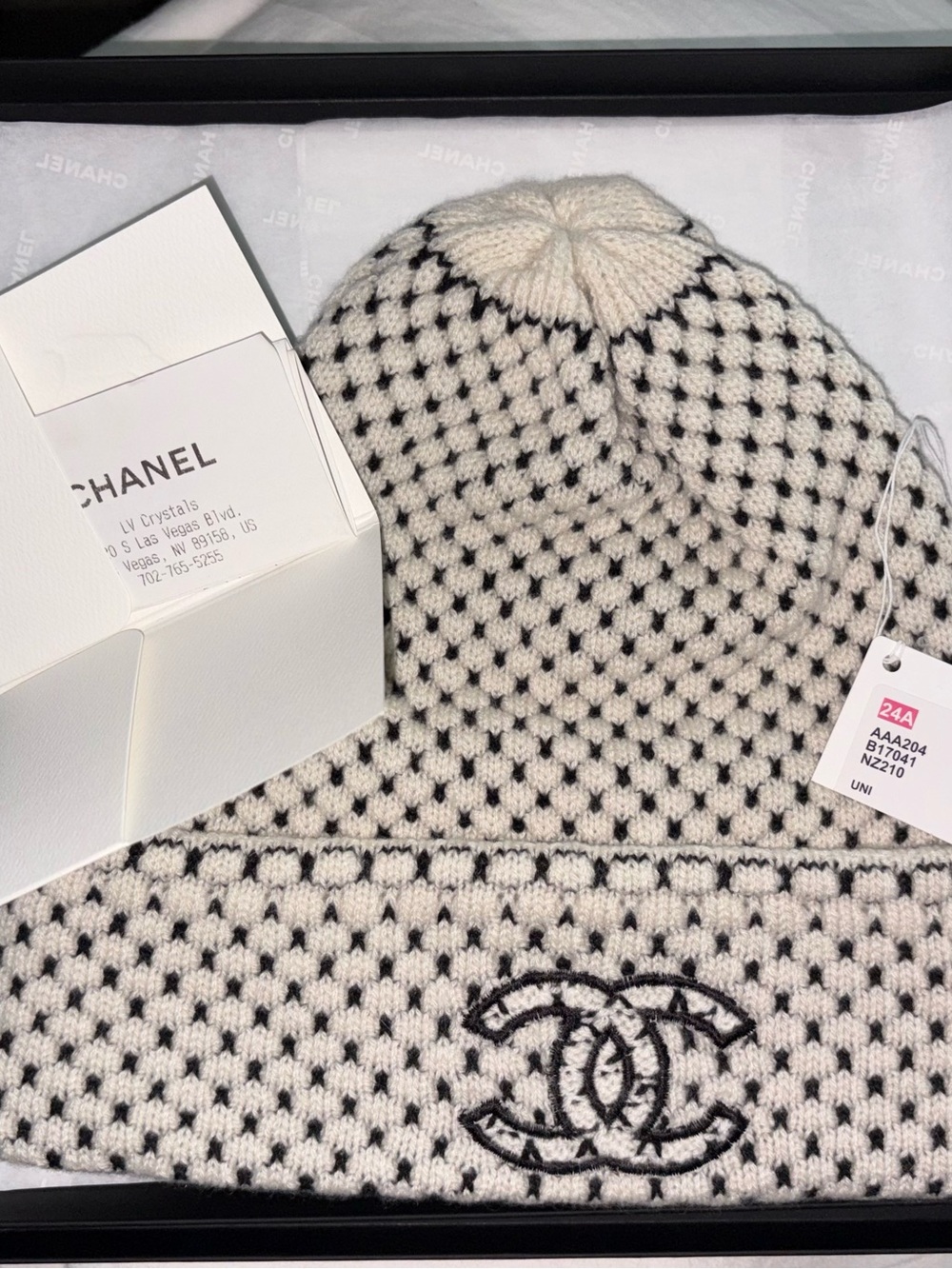 Chanel Ivory & Black Cashmere CC Logo Beanie